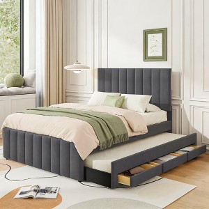 Luxystar Linen Upholstered Platform Bed with Trundle and 3 Drawers for Living Room - 1 of 4