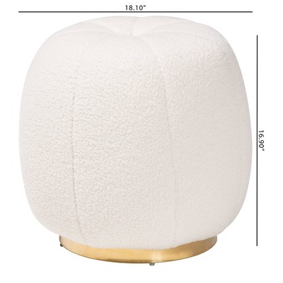 Ivory Boucle Upholstered Round Ottoman with Gold Metal Base