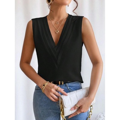 Womens Tank Tops Deep V Neck Blouse Pleated Business Office Tops Sleeveless Formal Tops Elegant Vest