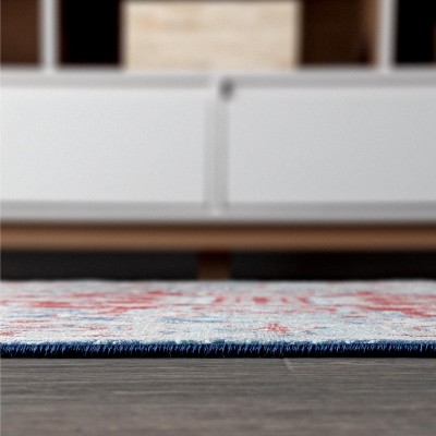Reversible Navy/Red Medallion Synthetic Runner Rug, Easy Care