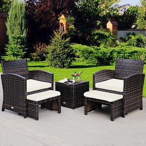 Costway 5PCS Patio Rattan Wicker Furniture Set Sofa Ottoman W/ Cushions White - 1 of 4
