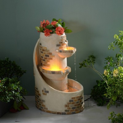 Ivory 3-Tier Cascading Outdoor Water Fountain with Planter and LED Lights
