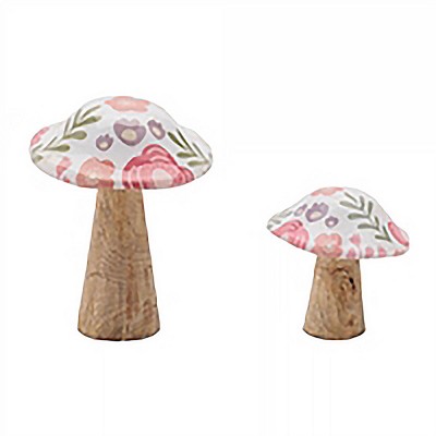 Wood Floral Patterned Mushroom (Set of 2)