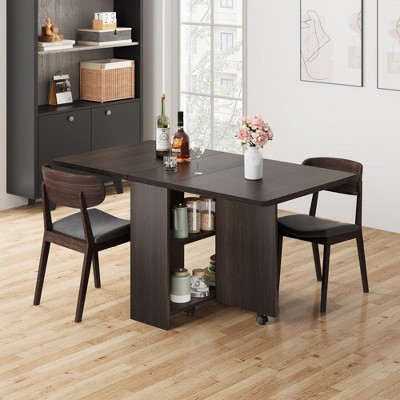 Folding Dining Table, Drop Leaf Dining Table for 4, Foldable Kitchen Table with 2 Storage Shelf