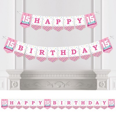 Big Dot of Happiness Girl 15th Birthday - Teen Birthday Party Bunting Banner - Party Decorations - Happy Birthday