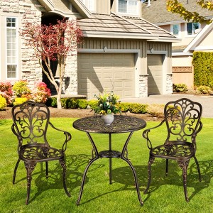 3 Pieces Patio Bistro Set, Cast Aluminum Cafe Table and Chairs Set of 2 with Umbrella Hole, Durable Rust All-Weather Furniture for Backyard, Bronze - 1 of 4