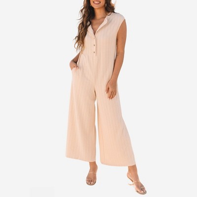 Amaryllis Women’s Sleeveless Ribbed Wide Leg Jumpsuit Button Front Relaxed Fit One-Piece Lounge Jumpsuit
