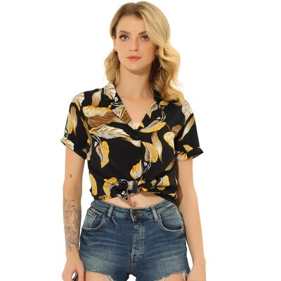 Allegra K Women's Hawaiian Floral Leaves Printed Short Sleeve Button Down Vintage Shirt