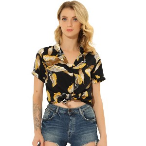 Allegra K Women's Hawaiian Floral Leaves Printed Short Sleeve Button Down Vintage Shirt - 1 of 4