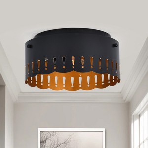 PAKOKULA 3-Light Matte Black Industrial Drum Flush Mount Ceiling Light with Brass Inside Finish and Wavy Brim Fixture - 1 of 4