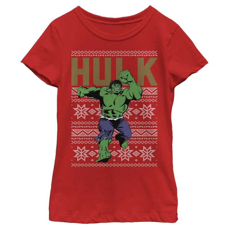 Girl's Marvel Ugly Christmas Hulk T-Shirt, 1 of 5
