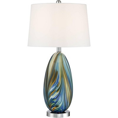 Possini Euro Design Modern Table Lamp Multi Color Blue Art Glass Tapered Drum Shade for Living Room Bedroom Nightstand Family