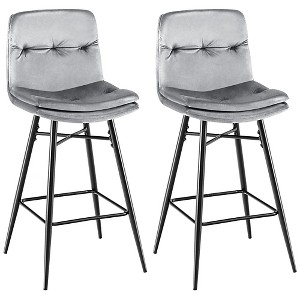 Costway Set of 2 Velvet Bar Stools Bar Height Kitchen Dining Chairs with Metal Legs Blue/Grey - 1 of 4