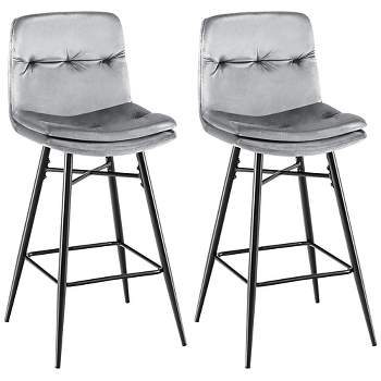 Costway Set of 2 Velvet Bar Stools Bar Height Kitchen Dining Chairs with Metal Legs Blue/Grey