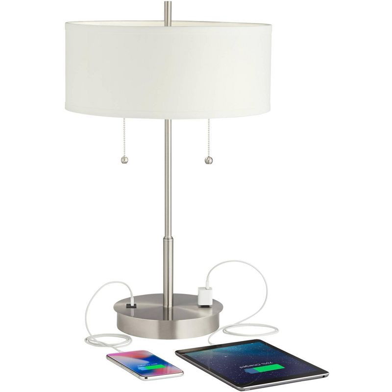 360 Lighting Nikola Modern Accent Table Lamp 23 3/4" High Silver with USB and AC Power Outlet in Base White Drum Shade for Bedroom Living Room Bedside, 3 of 10