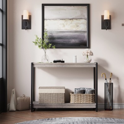 Farmhouse Entryway Table, 39.5" Grey Console Table with Storage, Slatted Style 2-Tier Sofa Table with Shelf