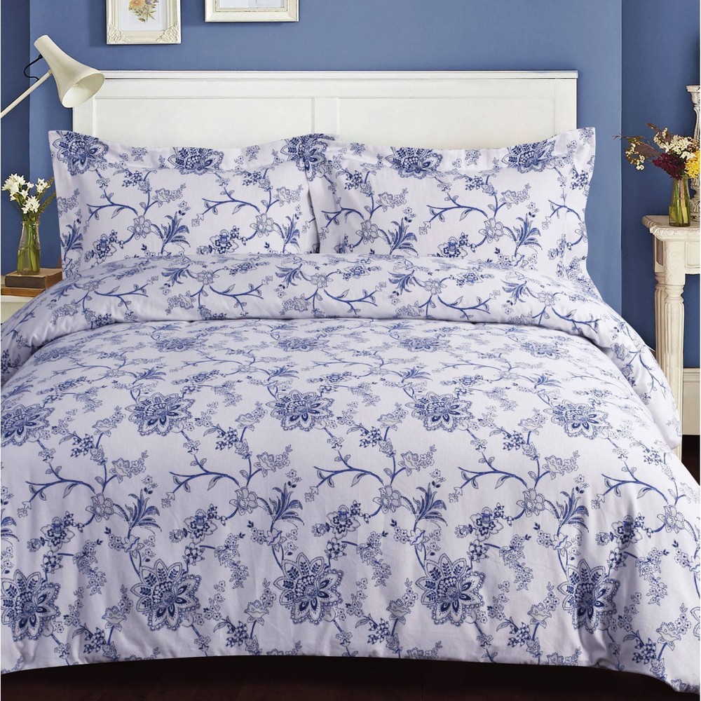 Photos - Bed Linen 3pc King Floral Cotton Flannel Printed Oversized Duvet Set Blue - Tribeca