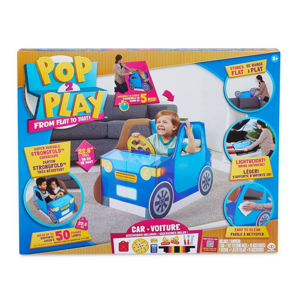 WowWee Indoor Baby Car – Sturdy and Eco-Friendly Cardboard Toddler Toy Car by Pop2Play – Includes 10 Accessories (Blue)