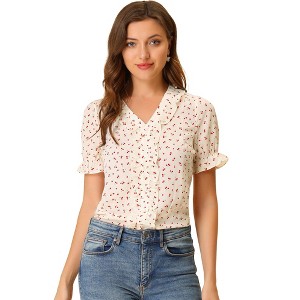 Allegra K Women's Short Sleeve Ruffle V Neck Cherry Printed Vintage Floral Summer Peasant Blouse - 1 of 4