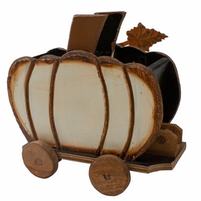 Rustic Fall Wooden Pumpkin Cart with Metal Leaves