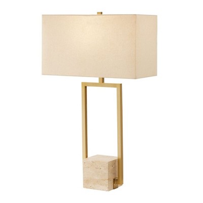 Uttermost Warrick Modern Travertine Table Lamp – Natural Stone and Steel Base with Fabric Shade