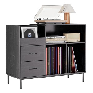 QingMoon Vinyl Record Storage Stand, Wood Grain Media Console with Adjustable Shelves, Flip-Down Lid and 2 Drawers for Living Room, Office - 1 of 4
