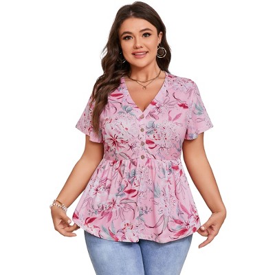 Whizmax Women Plus Size Henley Shirts V Neck Button Tunic Tops Casual Short Sleeve Swing Flowy Tunic