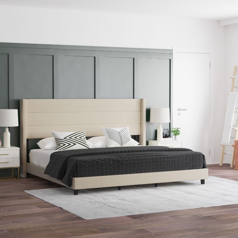 Emma and Oliver Modern Channel Stitched Upholstered Platform Bed with Wingback Headboard and Wooden Support Slats; No Box Spring Needed, 3 of 13