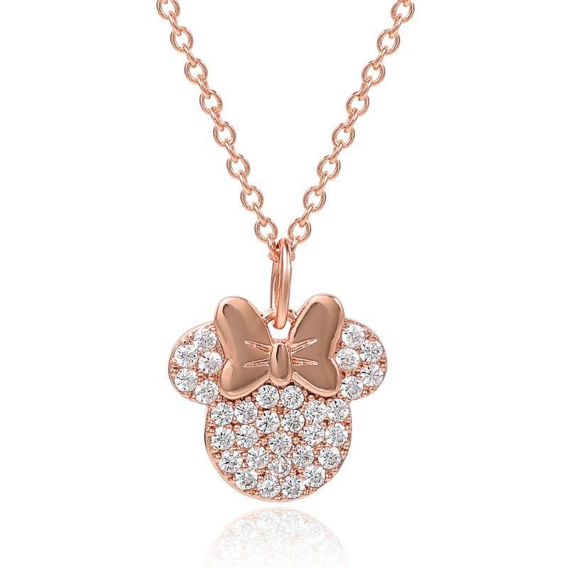Disney Minnie Mouse Brass Flash Rose Gold Plated CZ Pave Pendant with 16"+2" Chain, 1 of 4