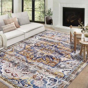Vintage Floral Area Rug Stain Resistant Low Pile Distressed Carpet - 1 of 4