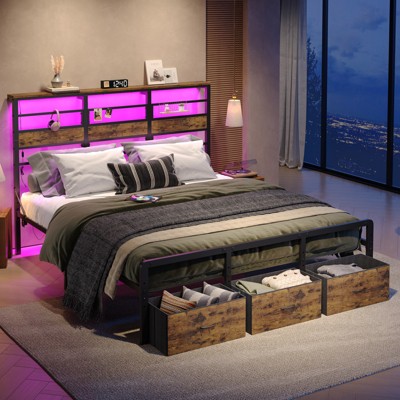 Pinmoco Bed Frame with 49.2" High LED Storage Headboard and 2 Drawers, Metal Platform Bed with Charging Station, Height Adjustable