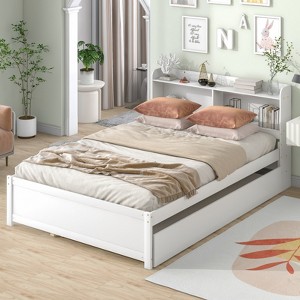 RISOKEYS Twin/Full Size Platform Bed Frame with Trundle & Bookcase Headboard ,No Box Spring Needed for Small Bedrooms,Apartments & Dorms - 1 of 4
