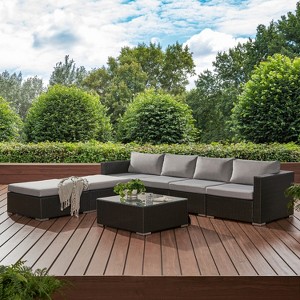 Christopher Knight Home Luther 7 Piece Patio Wicker Rattan and Aluminum Frame Sectional Conversation Set with Coffee Table and Cushions - 1 of 4