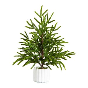 Nearly Natural 22" Artificial Real Touch Norfolk Island Pine in White Decorative Planter with Natural Look - 1 of 4
