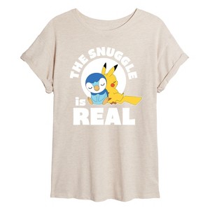 Women's - Pokémon - The Snuggle Is Real Pikachu And Piplup Oversized Graphic T-Shirt - 1 of 4
