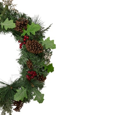 24" Pre-Lit Frosted Pine Cone and Berry Christmas Wreath