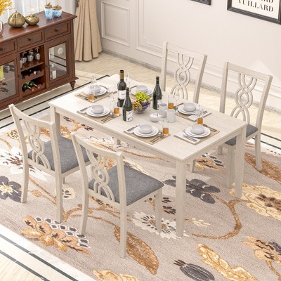 VECELO Rustic Wooden Dining Chairs, Rubber Wood Kitchen Chairs with Padded Seat & Elegant Hollowed Backrest, Gray