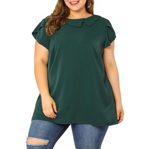 Agnes Orinda Women's Plus Size Elegant Flutter Short Sleeve Boat Lapel Slipt Chiffon Blouse - 1 of 4