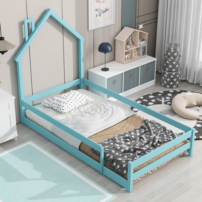 Pine Wood Floor Bed Frame With House Shaped Headboard Full-Length Guardrails Twin Size For Toddler Kids Girls Boys (202 x 113.8 x 145cm )