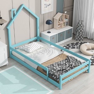 Pine Wood Floor Bed Frame With House Shaped Headboard Full-Length Guardrails Twin Size For Toddler Kids Girls Boys (202 x 113.8 x 145cm ) - 1 of 4
