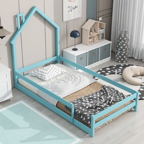 Pine Wood Floor Bed Frame With House Shaped Headboard Full length Guardrails Twin Size For Toddler Kids Girls Boys 202 X 113.8 X 145cm Target