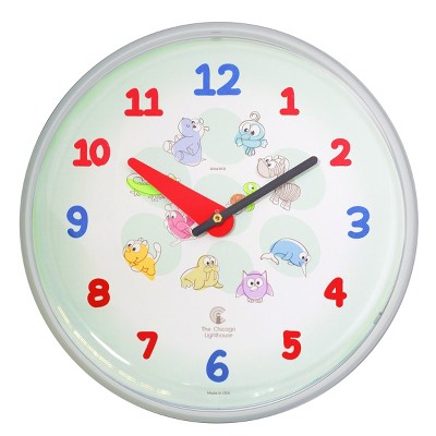 12.75" x 1.5" Cartoon Animals Children's Wall Clock Decorative Wall Clock Light Green - By Chicago Lighthouse