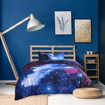 PiccoCasa Polyester Galaxy Sky Cosmos Night Bedding Sets 2 Pcs Including 1 Duvet Cover & 1 Pillow Sham Single Sky Blue