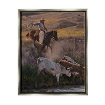 Stupell Industries Cowboy Rounding Up Cattle Lasso Framed Canvas