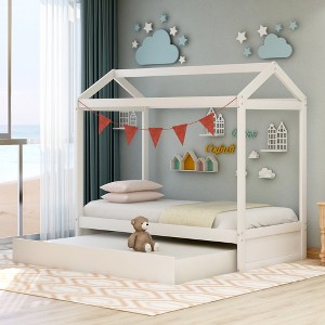 Twin Size Wood House Bed with Trundle for Bedroom - 1 of 4