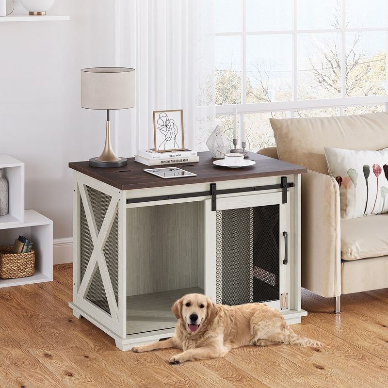 Towallmark 37 "Sliding Barn Door Dog Crate Furniture With Flip Top And Removable Divider, Wooden Dog Crate Table, Kennel Side Table, White, 2 of 7