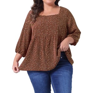 Agnes Orinda Women's Plus Size 3/4 Sleeve Square Neck Floral Peplum Babydoll Blouses - 1 of 4
