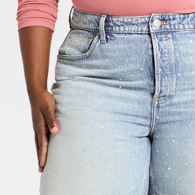 Women's Mid-Rise 90's Baggy Denim Rhinestone Jeans - Universal Thread Light Wash