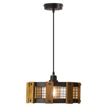 12" Matte Painted Metal Pendant Ceiling Light with Wood Shade Black - River of Goods