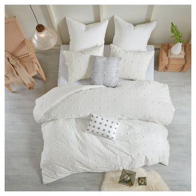 Ivory Cotton Jacquard King Comforter Set with Pom Pom Pillows